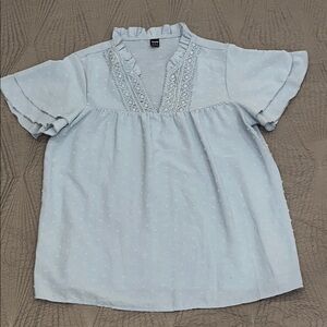 Boho Blouse Light Blue Short Sleeve Vneck with crochet detail